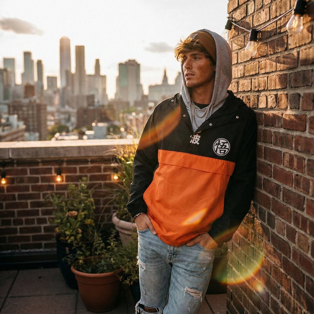 BoxLunch Dragon Ball Z Kamehameha Windbreaker Men M Orange Black Anime Jacket